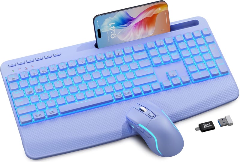 SABLUTE Purple Keyboard and Mouse Wireless Combo, 4000mAh Rechargeable Backlit Quiet Keyboards mice Set, USB Ergonomic Key Board with Wrist Rest & Phone Holder for PC, Mac, Windows, Natural Soft Typing - Image 1